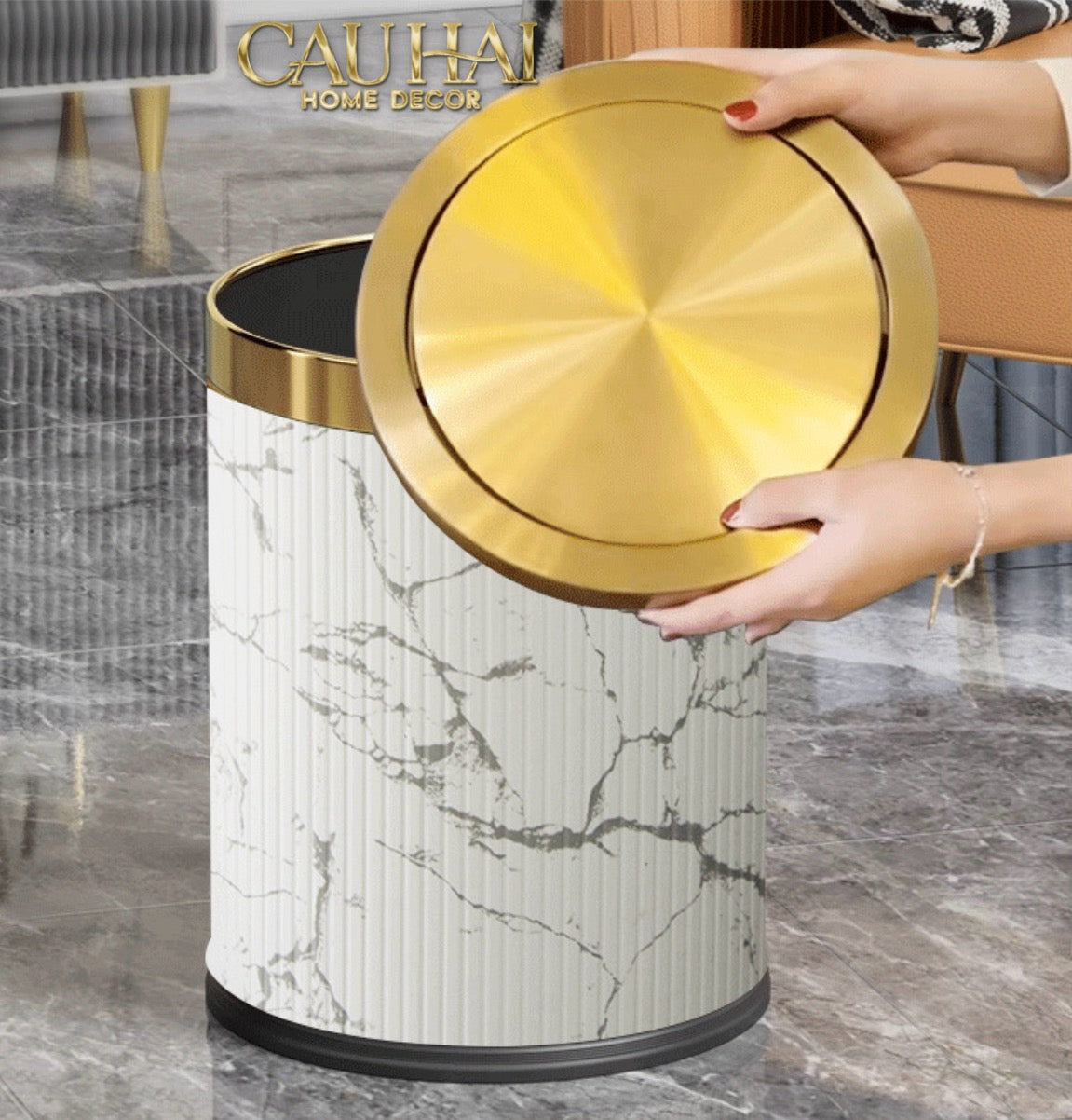 Thùng Rác Da Vân Đá Marble Prime Minimal Desk Trash Cans 9L 20x31-CẬU HAI HOME DECOR