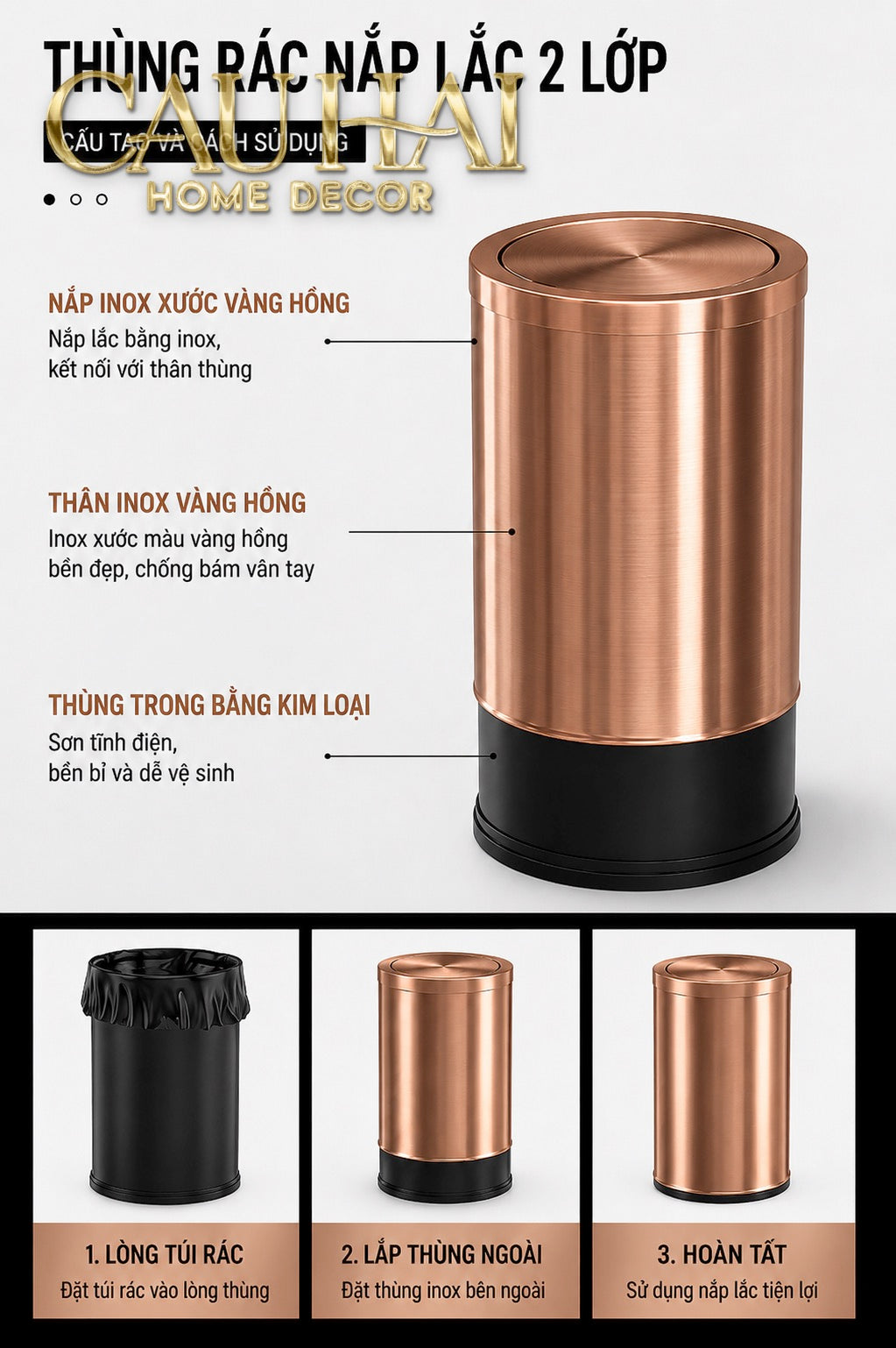 Thùng Rác Inox Monolith Bronze Trash Cans 9L 20x31-Thùng Rác-CẬU HAI HOME DECOR-CẬU HAI HOME DECOR