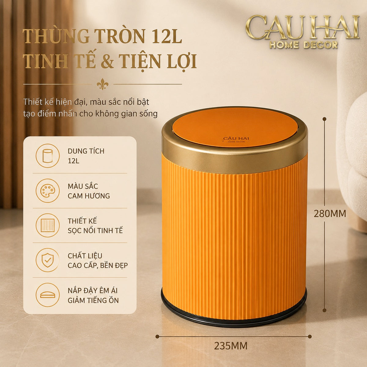 Thùng Rác Nắp Lật Équestre Mandarin 12L-Thùng Rác-CẬU HAI HOME DECOR-CẬU HAI HOME DECOR