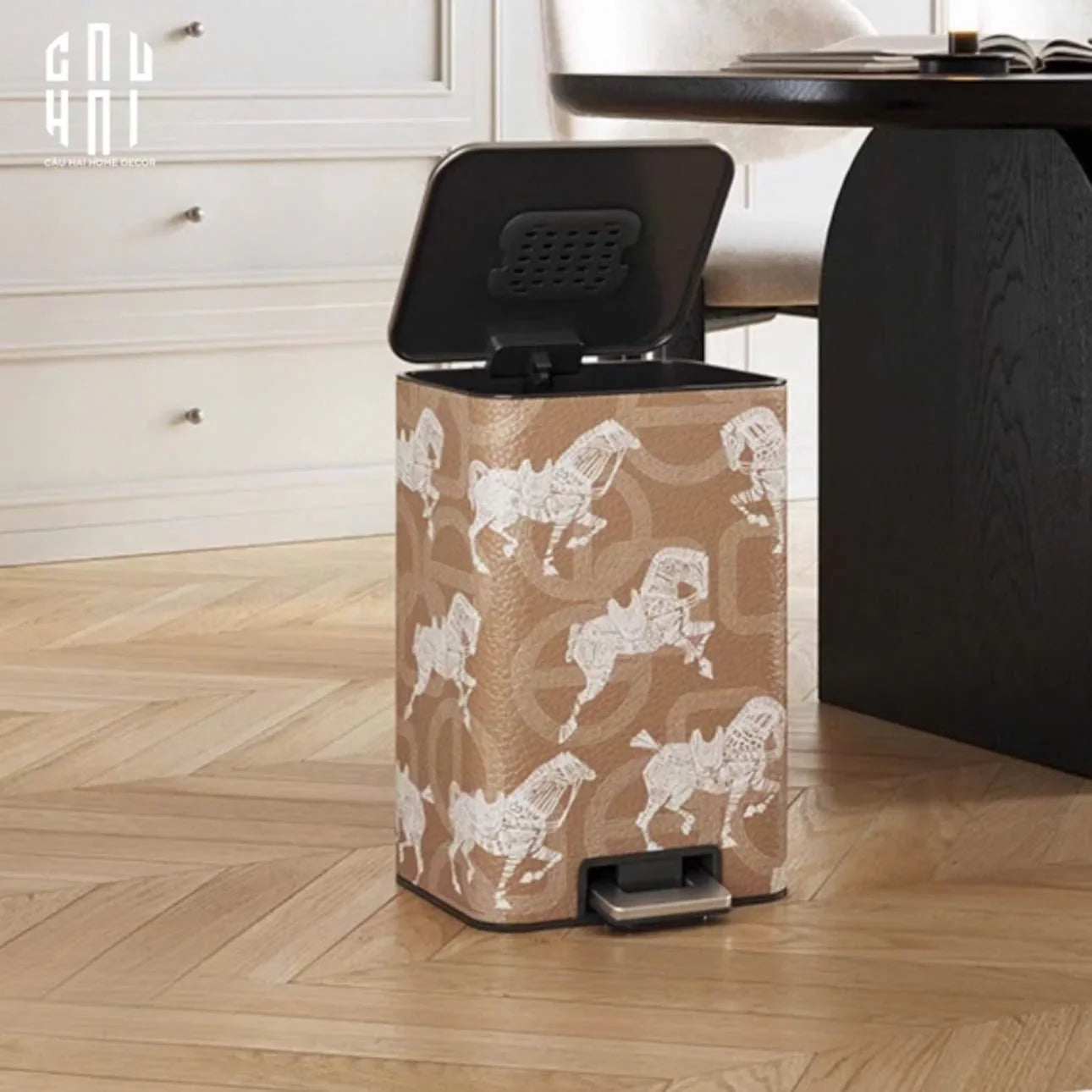 THÙNG RÁC VUÔNG CAO CẤP BỌC DA WHITE HORSE 15L - CẬU HAI HOME DECOR