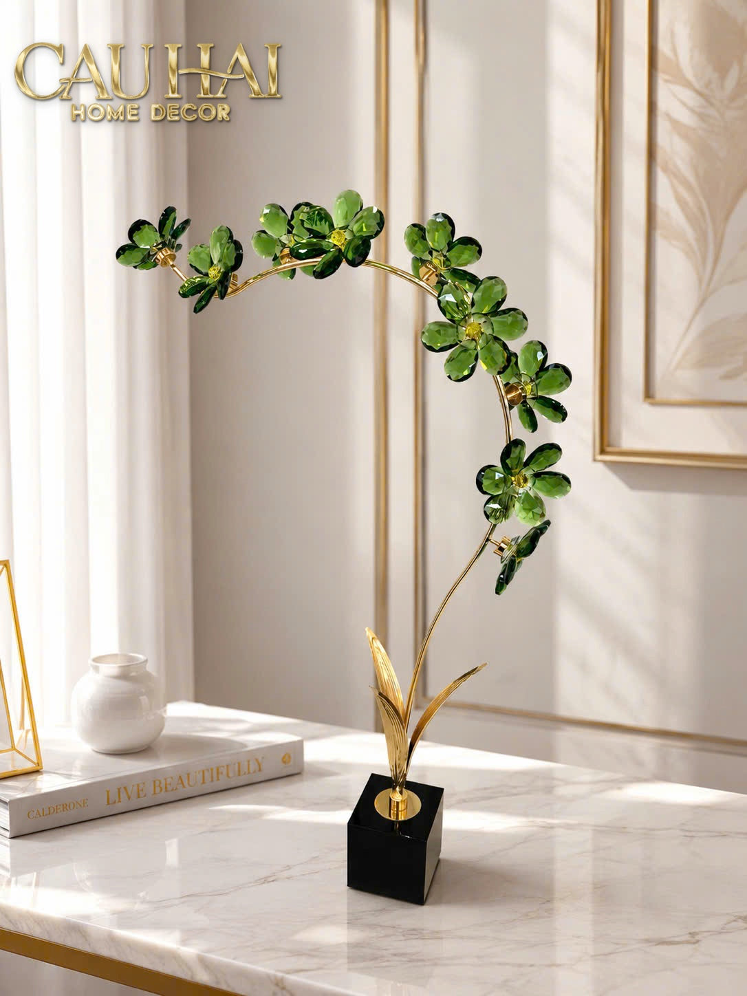 Tượng Cành Hoa Pha Lê Crystal Canopée Émeraude H60x30-CẬU HAI HOME DECOR-CẬU HAI HOME DECOR