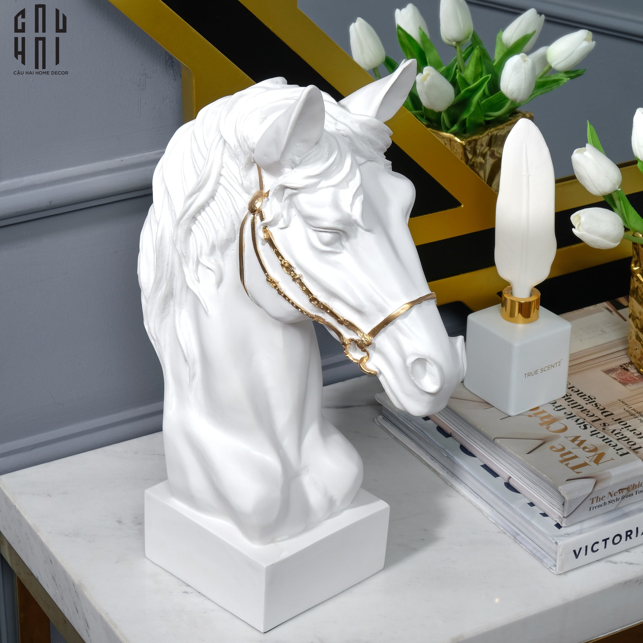 Tượng Đầu Ngựa Composite The Divine Pegasus - White H43-CẬU HAI HOME DECOR