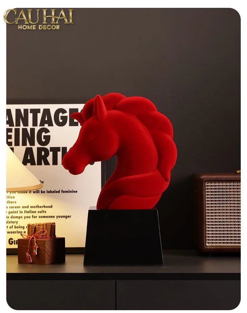 Tượng Đầu Ngựa Trang Trí Nhung Đỏ Tête De Cheval Rouge Velour Armour 29.5-CẬU HAI HOME DECOR