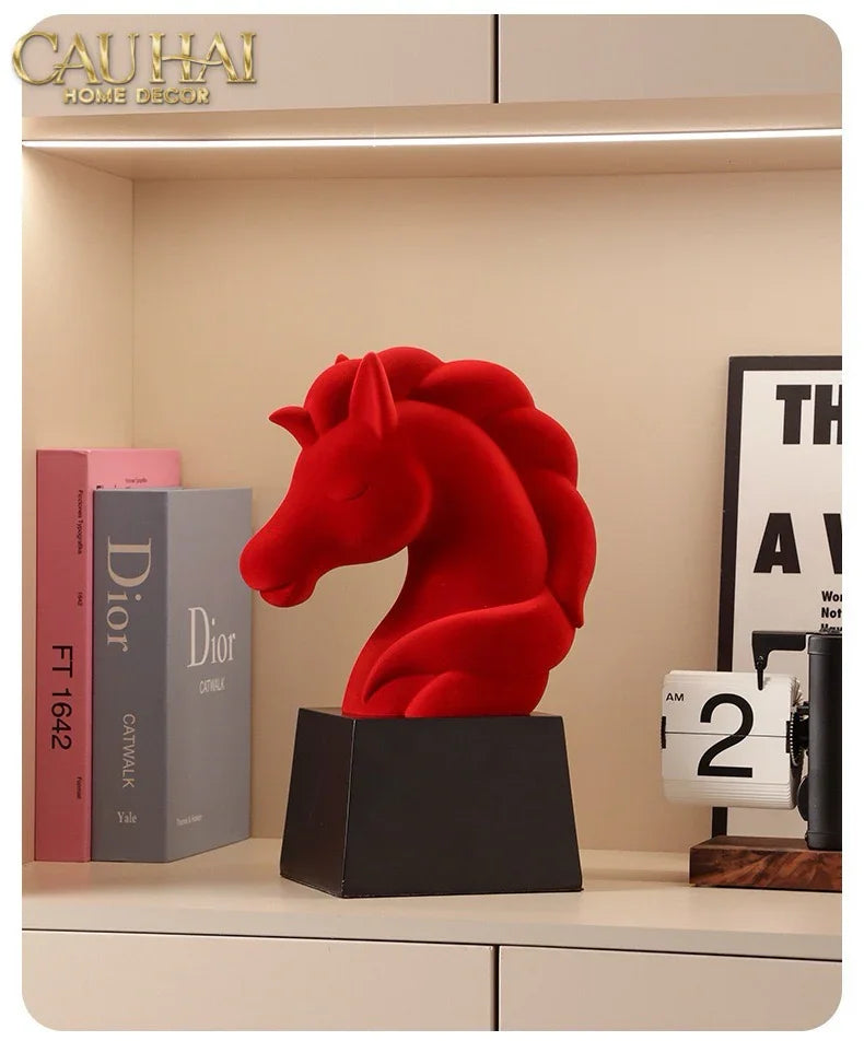 Tượng Đầu Ngựa Trang Trí Nhung Đỏ Tête De Cheval Rouge Velour Armour 29.5-CẬU HAI HOME DECOR
