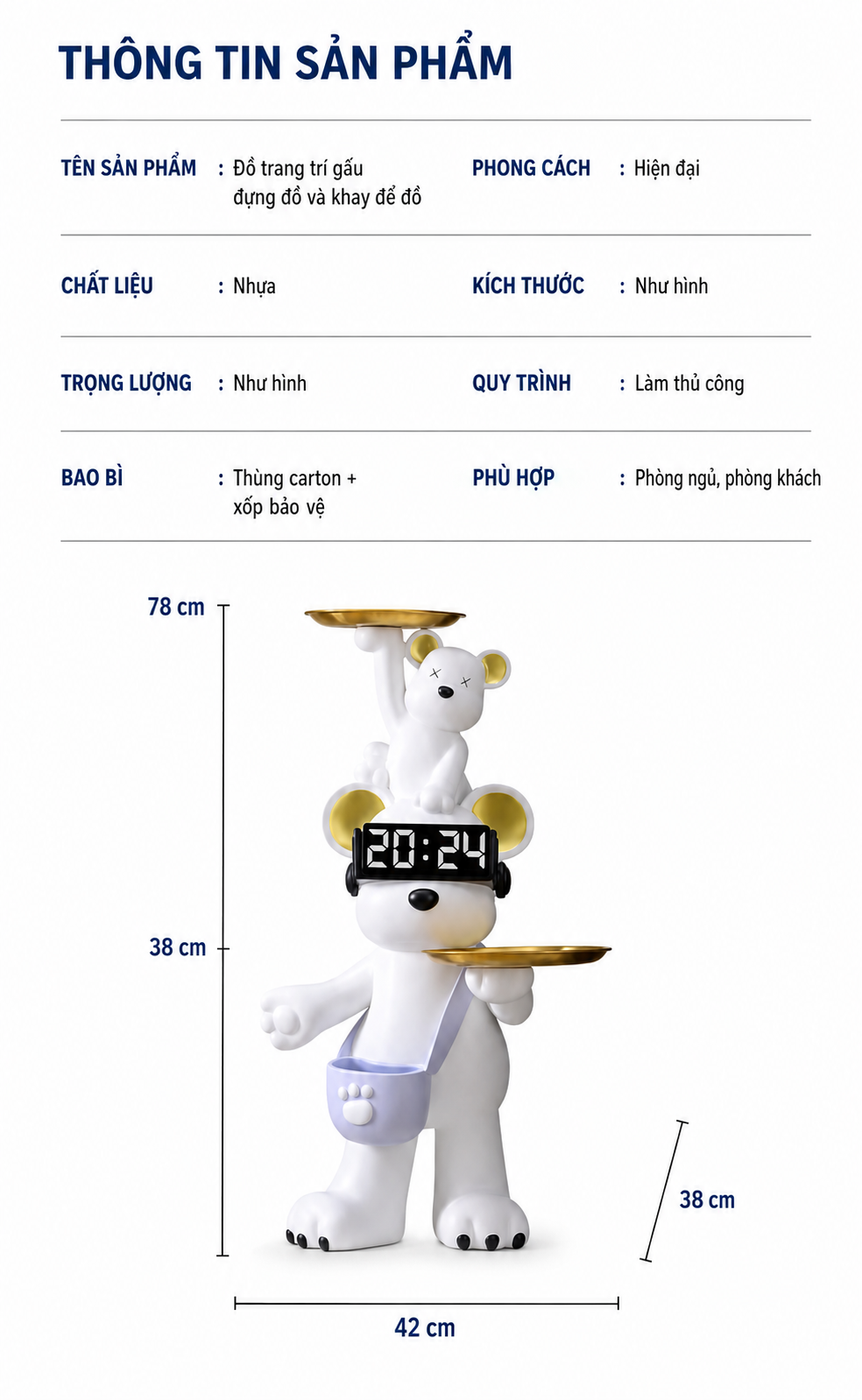 Tượng Gấu Trang Trí Kèm Khay & Đồng Hồ Milo Timekeeper H78-TƯỢNG TRANG TRÍ-CẬU HAI HOME DECOR-CẬU HAI HOME DECOR