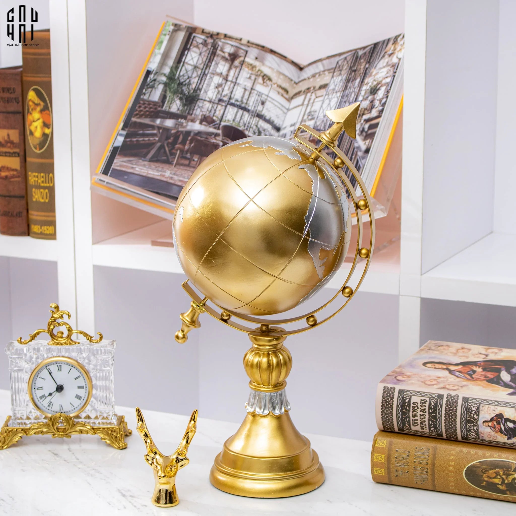 TƯỢNG QUẢ ĐỊA CẦU GOLDEN WOODY PLANET SS25-CẬU HAI HOME DECOR