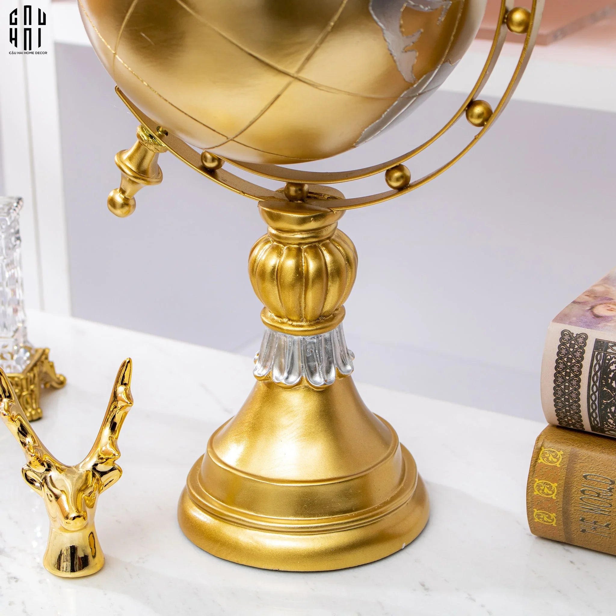 TƯỢNG QUẢ ĐỊA CẦU GOLDEN WOODY PLANET SS25-CẬU HAI HOME DECOR