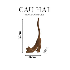 Tượng Mèo Vươn Mình Bọc Nhung Brun Velvet Stretchy Cat 16x37-CẬU HAI HOME DECOR