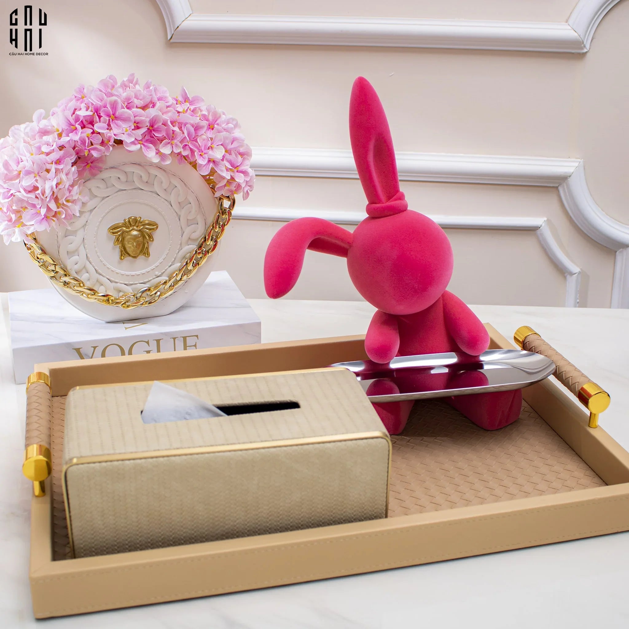 FÊTES COUTURE - TƯỢNG THỎ NHUNG - FIGURINE LAPIN PINK VELOUR MAISON H30 - CẬU HAI HOME DECOR