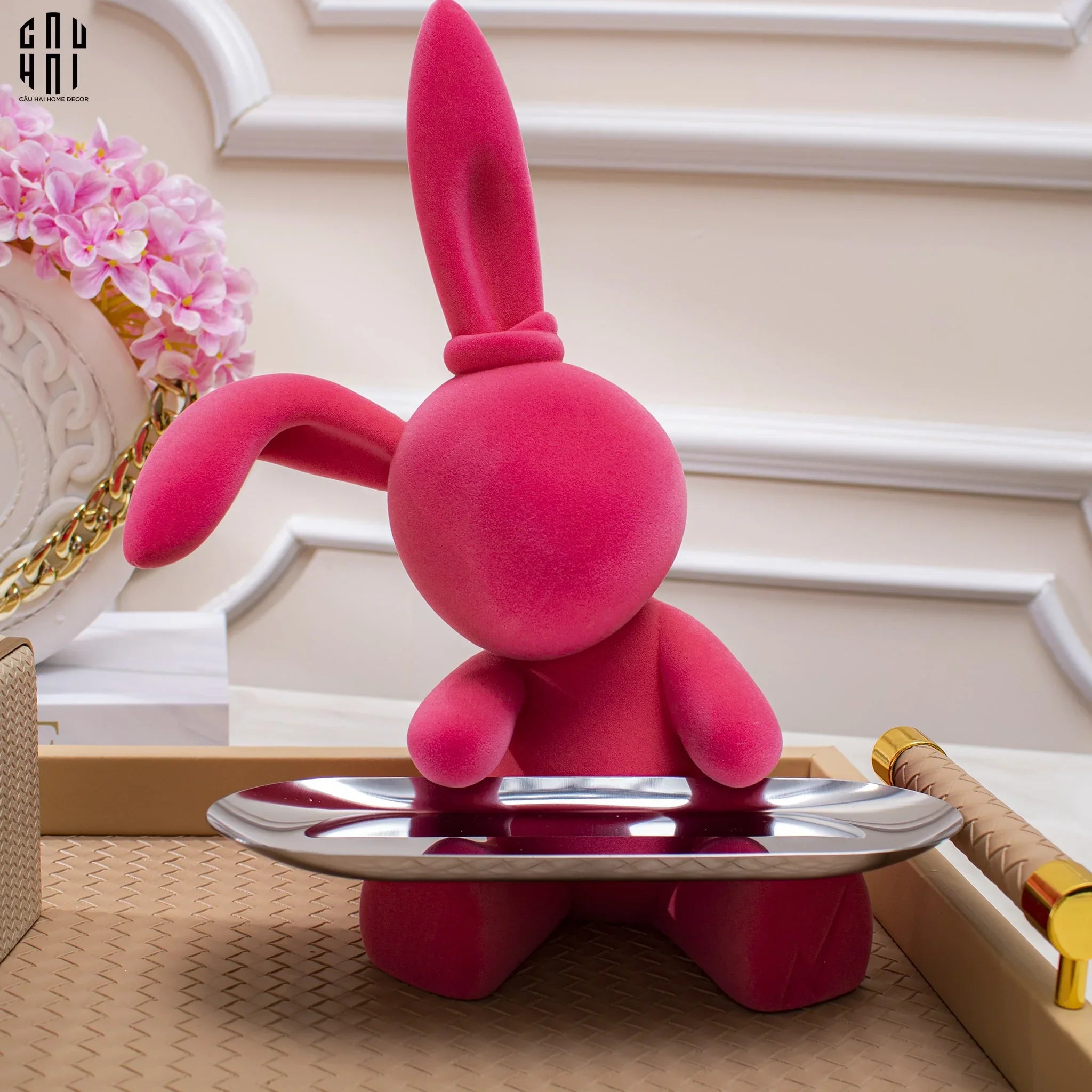 FÊTES COUTURE - TƯỢNG THỎ NHUNG - FIGURINE LAPIN PINK VELOUR MAISON H30 - CẬU HAI HOME DECOR