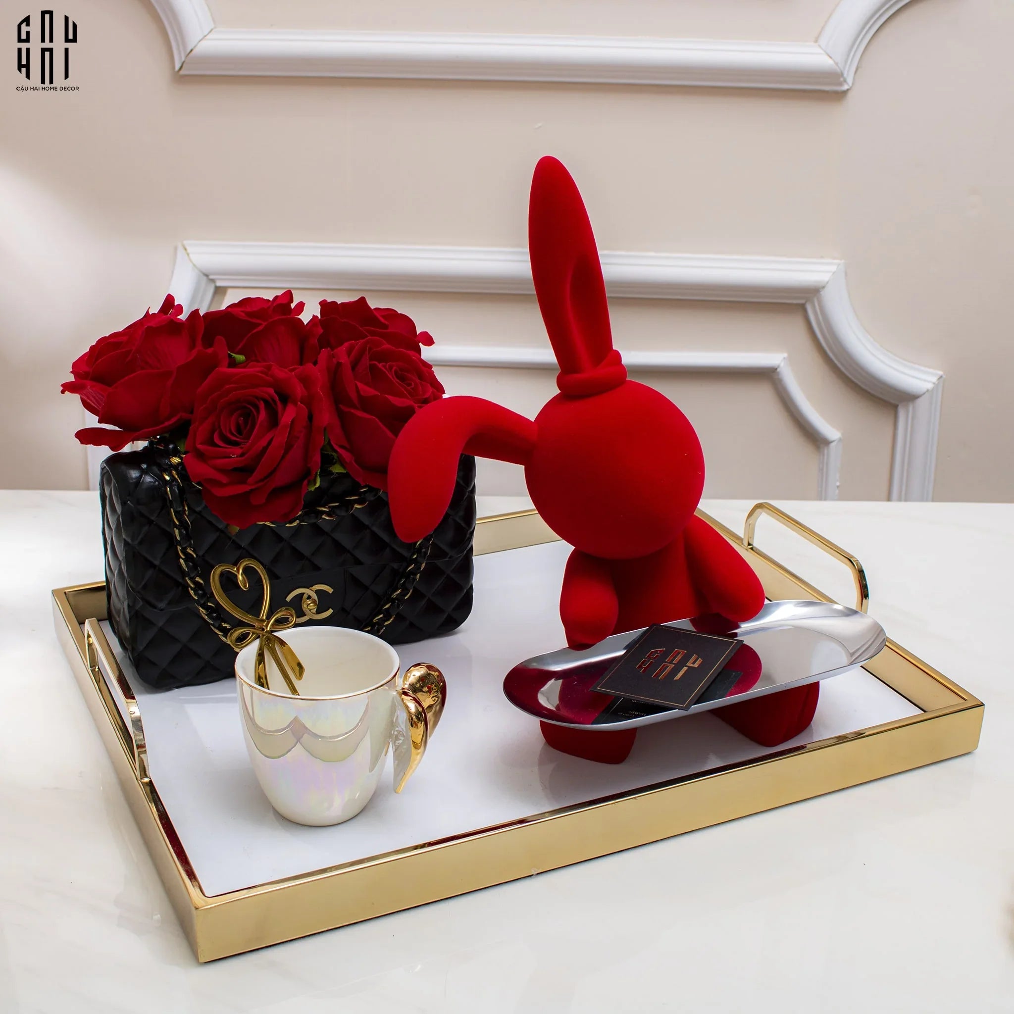 FÊTES COUTURE - TƯỢNG THỎ FIGURINE ROUGE VELOUR JOLI LAPIN H30 - CẬU HAI HOME DECOR