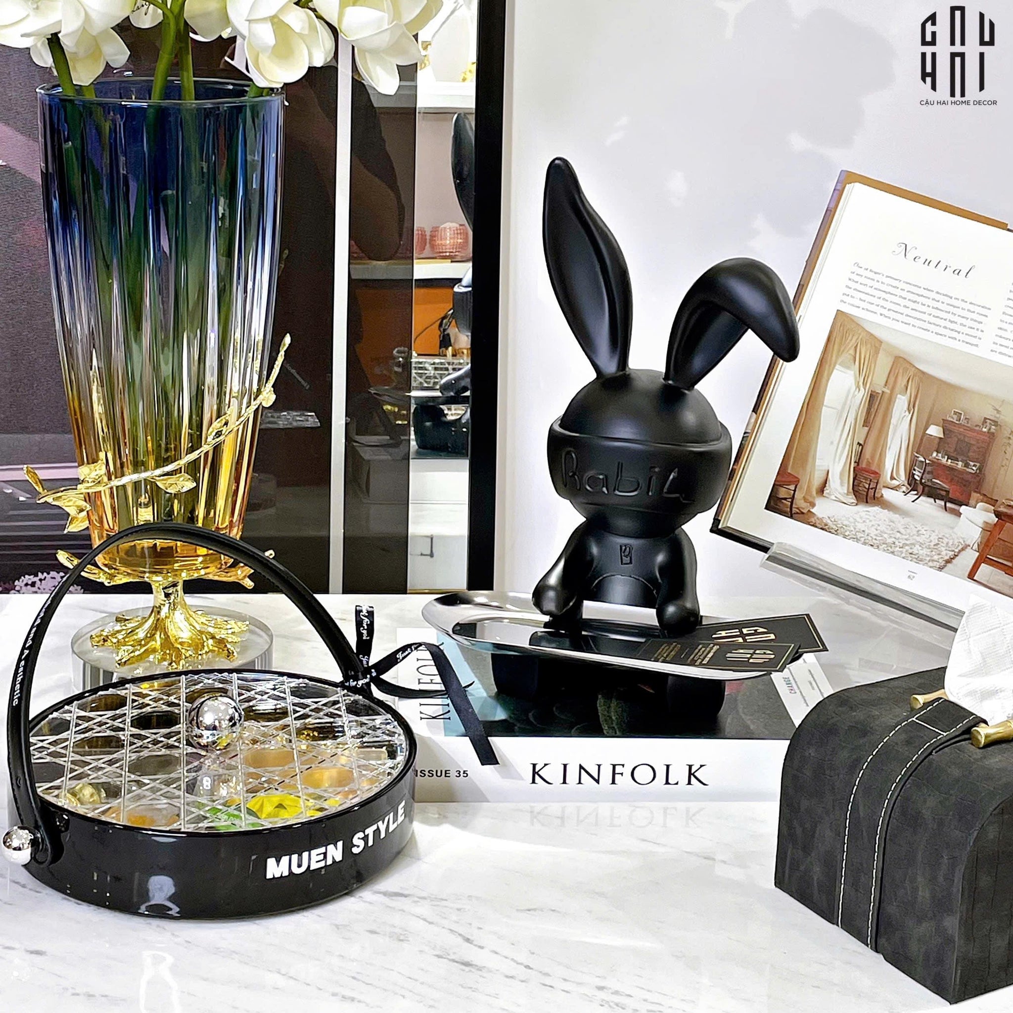 TƯỢNG THỎ FIGURINE MODERN ART TOY BLACK LAPIN UP-CẬU HAI HOME DECOR