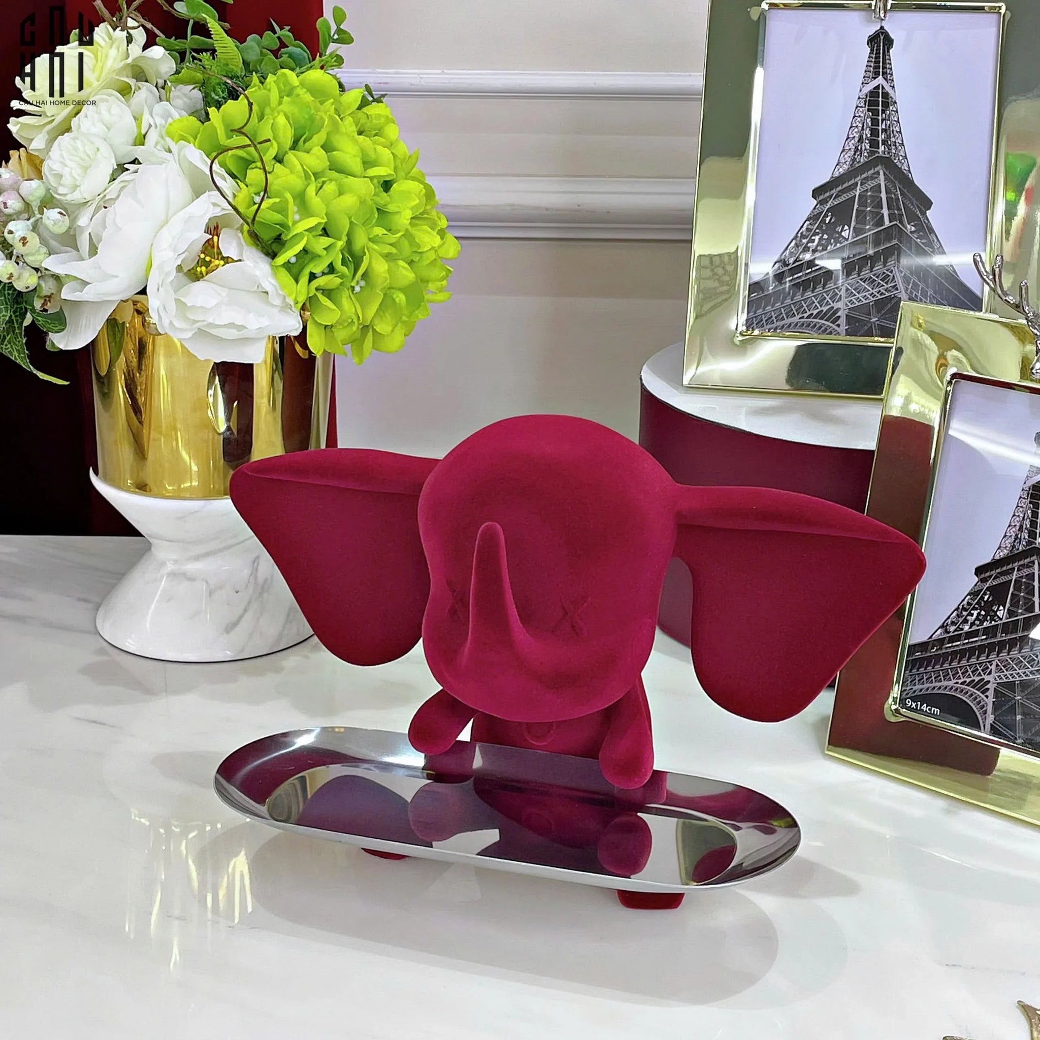 Tượng Voi Nhung Đỏ - Figurine Ceramic Bordeaux Velvet Elephant-CẬU HAI HOME DECOR