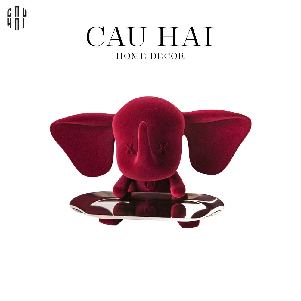Tượng Voi Nhung Đỏ - Figurine Ceramic Bordeaux Velvet Elephant-CẬU HAI HOME DECOR