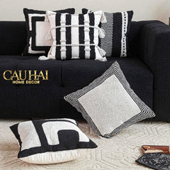 Vỏ Gối Canvas Mono Geometric Border 45-CẬU HAI HOME DECOR