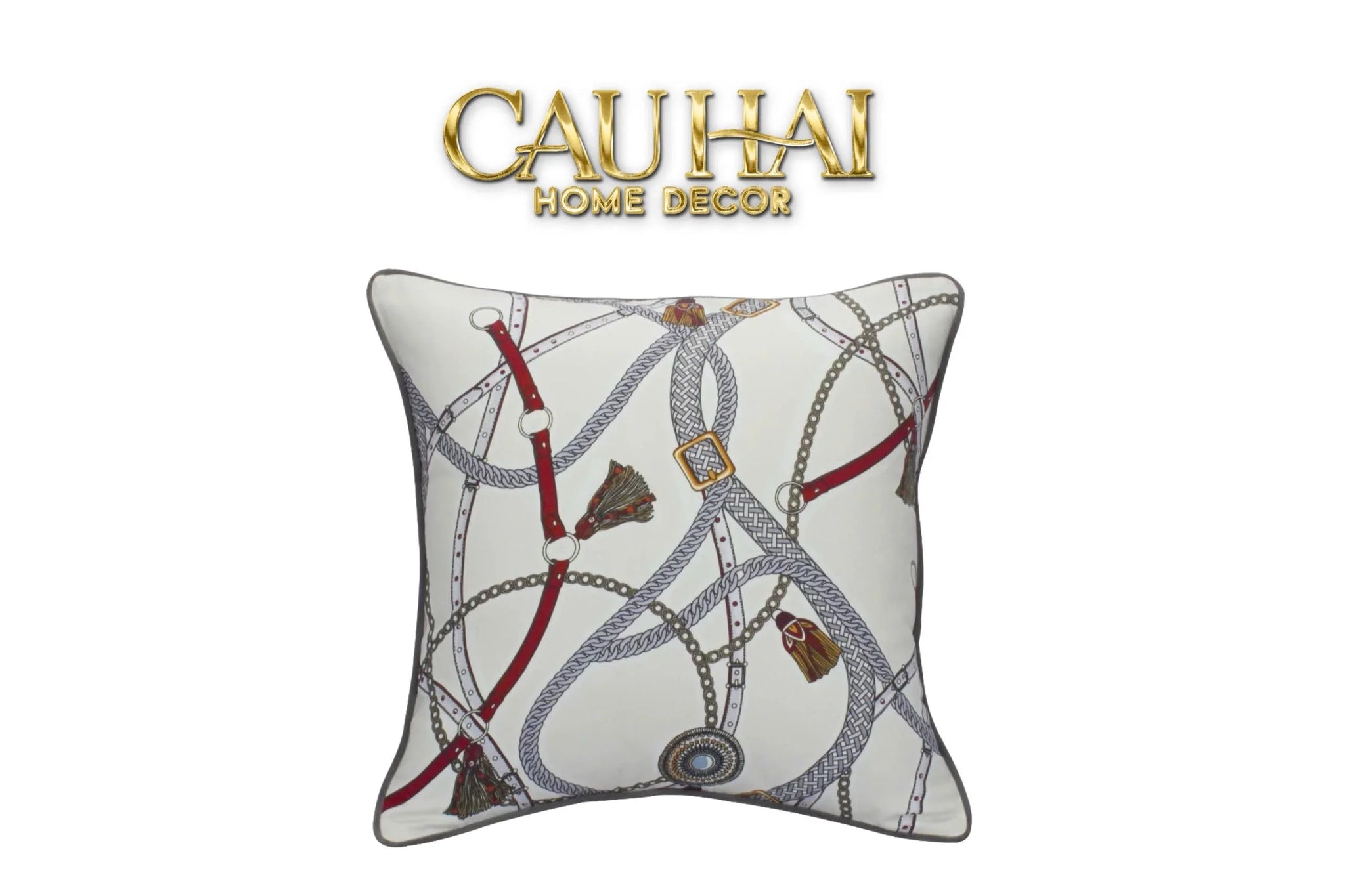Vỏ Gối Cotton Satin Les Rênes Équestres - Blanc Rouge 45-CẬU HAI HOME DECOR