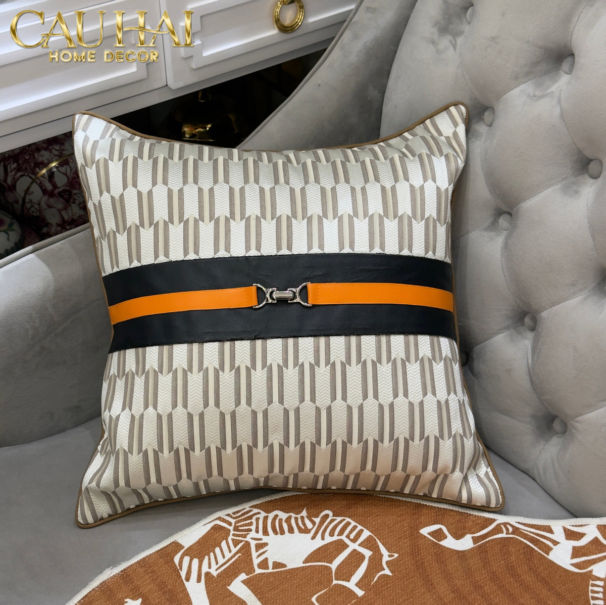 Vỏ Gối Da Harness Noir Saddle Ivory 45x45-VỎ GỐI SOFA-CẬU HAI HOME DECOR-CẬU HAI HOME DECOR