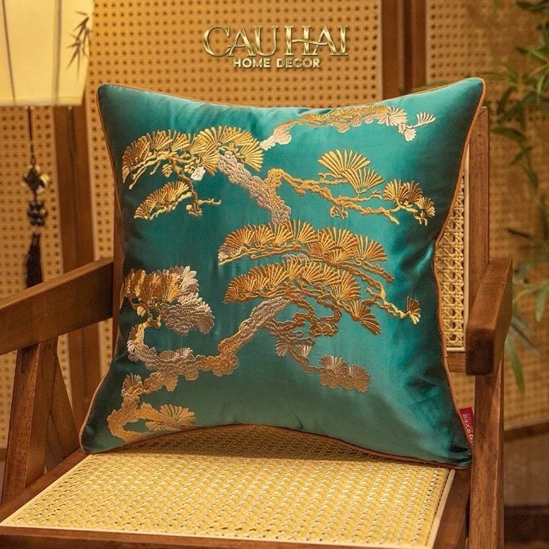 Vỏ Gối Lụa Thêu Chỉ Vàng Lục Tùng Bách-CẬU HAI HOME DECOR