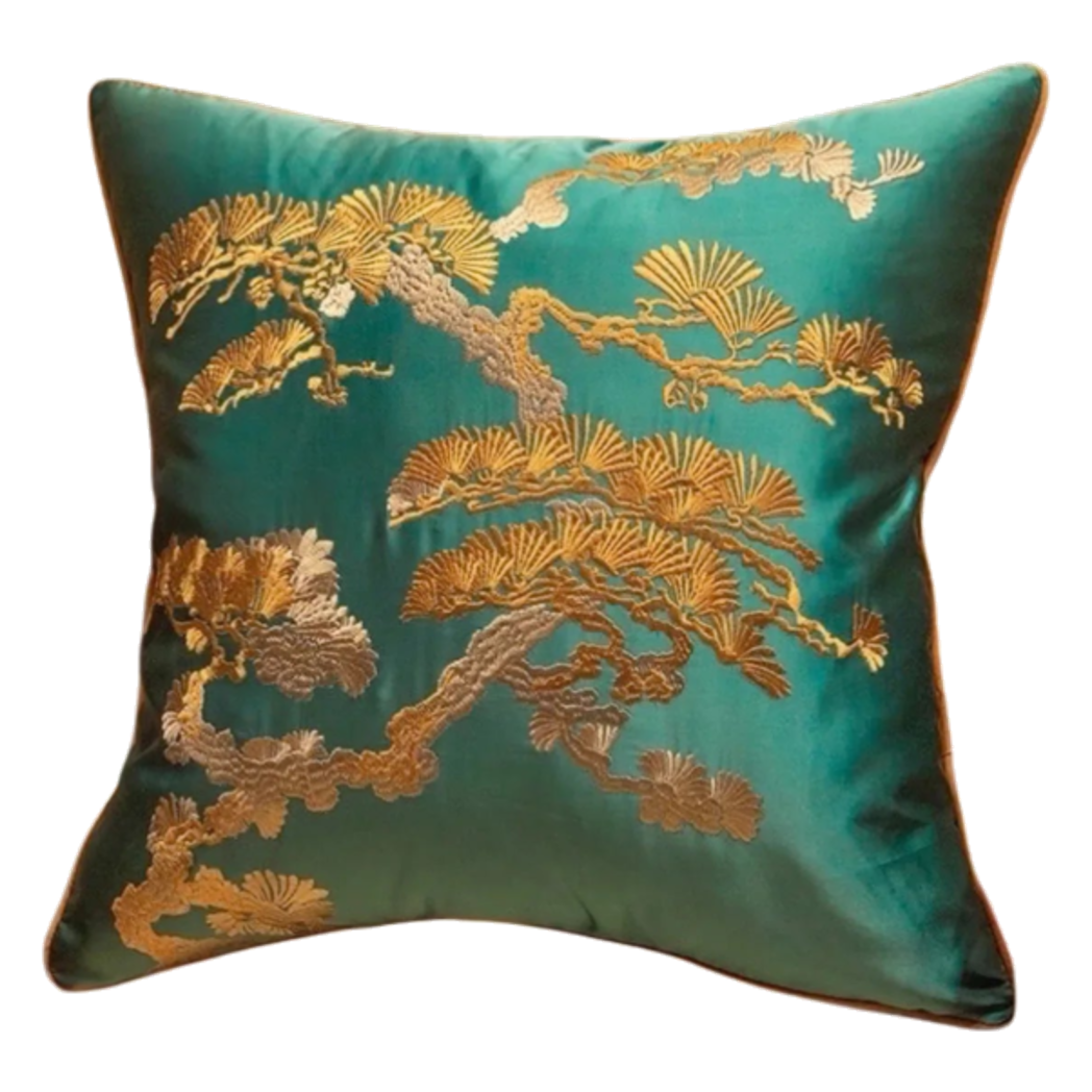 Vỏ Gối Lụa Thêu Chỉ Vàng Lục Tùng Bách-VỎ GỐI-CẬU HAỊ HOME DECOR-CẬU HAI HOME DECOR
