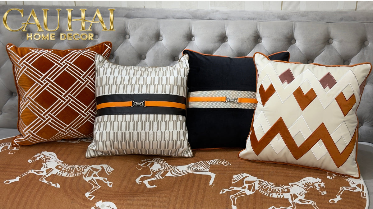 Vỏ Gối Nhung Phối Da Sellier Noir Saddle 45x45-VỎ GỐI SOFA-CẬU HAI HOME DECOR-CẬU HAI HOME DECOR