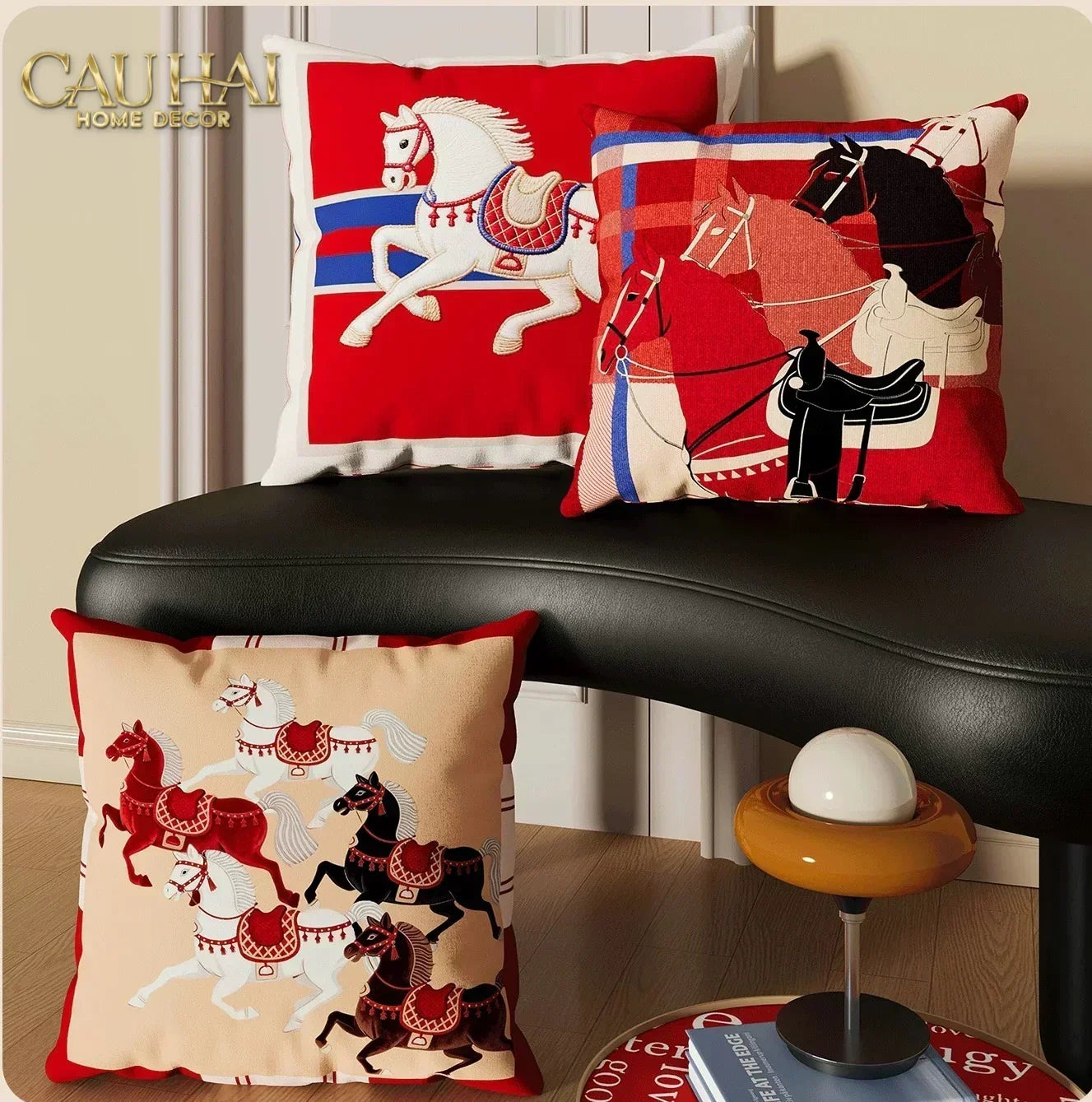 Vỏ Gối Nhung Équestre Cheval Bleu Royal Divin 45-CẬU HAI HOME DECOR