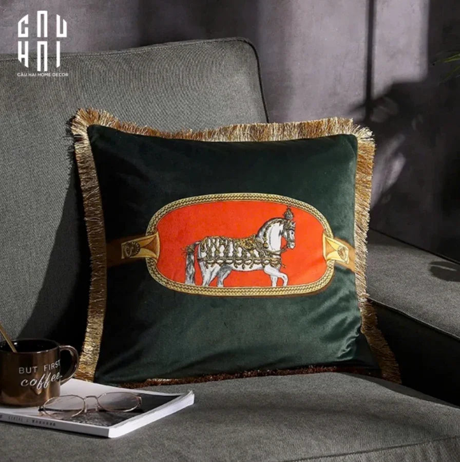 Vỏ Gối Nhung Équestre Émeraude Cheval 45.-CẬU HAI HOME DECOR