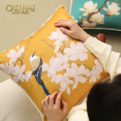 Vỏ Gối Nhung Hoa Thêu Viền Ngọc Trai - Dynasty Peony White Pearl 50-CẬU HAI HOME DECOR