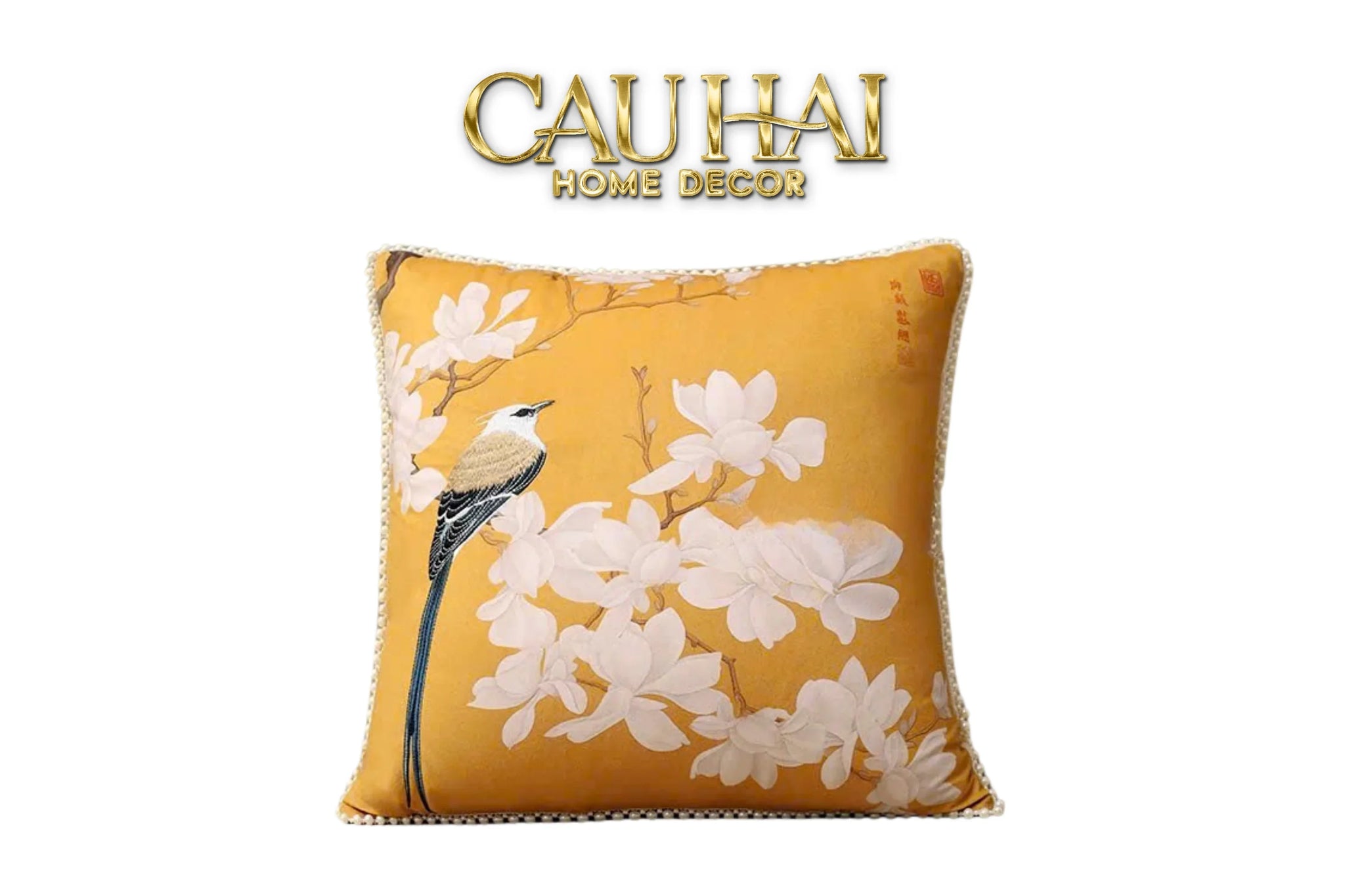 Vỏ Gối Nhung Hoa Thêu Viền Ngọc Trai - Dynasty Peony White Pearl 50-CẬU HAI HOME DECOR