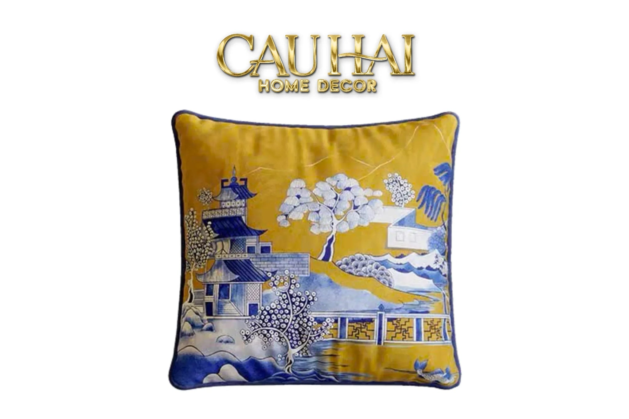 Vỏ Gối Nhung Indochine Oriental indigo Bloom Art 45-CẬU HAI HOME DECOR