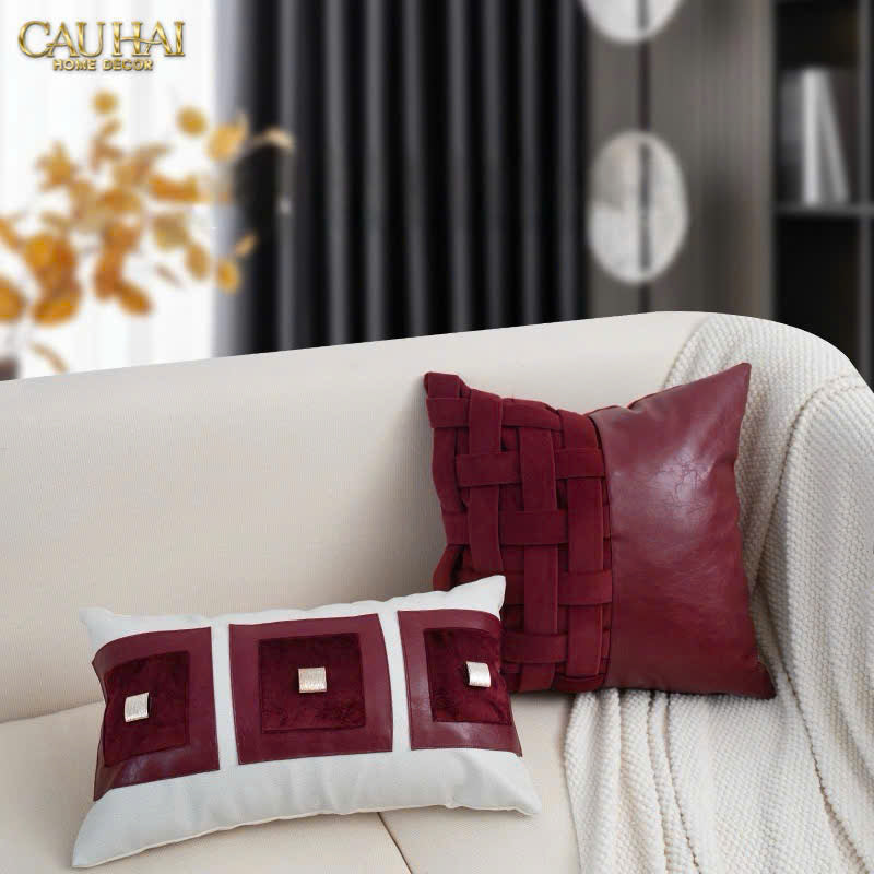 FÊTES COUTURE - VỎ GỐI NHUNG LEATHER BORDEAUX WOVEN MISTLETOE 45 - CẬU HAI HOME DECOR