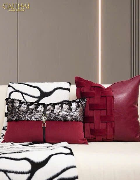 FÊTES COUTURE - VỎ GỐI NHUNG LEATHER BORDEAUX WOVEN MISTLETOE 45 - CẬU HAI HOME DECOR