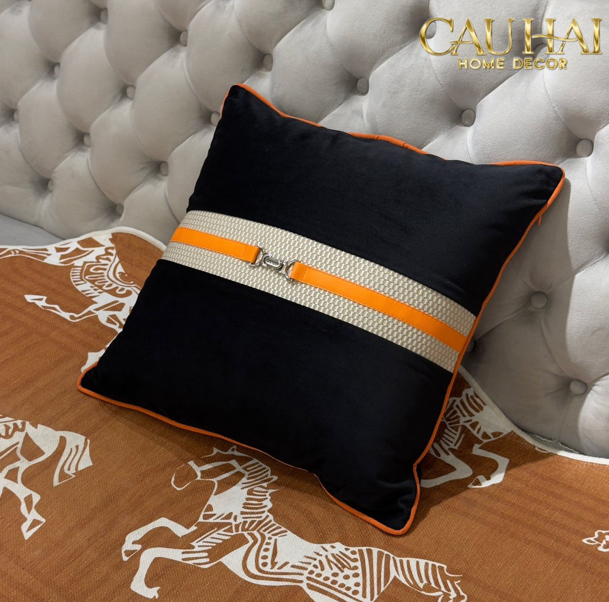 Vỏ Gối Nhung Phối Da Sellier Noir Saddle 45x45-VỎ GỐI SOFA-CẬU HAI HOME DECOR-CẬU HAI HOME DECOR