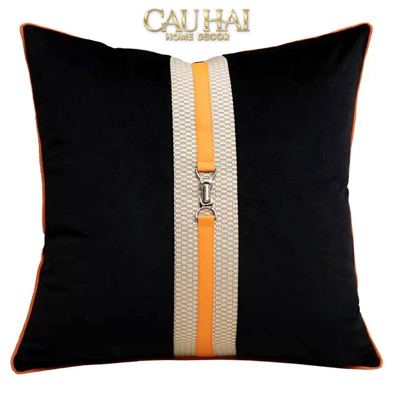 Vỏ Gối Nhung Phối Da Sellier Noir Saddle 45x45-VỎ GỐI SOFA-CẬU HAI HOME DECOR-CẬU HAI HOME DECOR