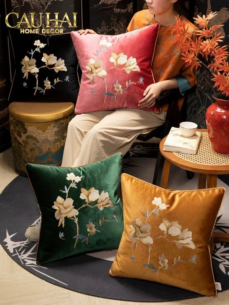 Vỏ Gối Nhung Thêu Mộc Lan Hoa 45x45-CẬU HAI HOME DECOR