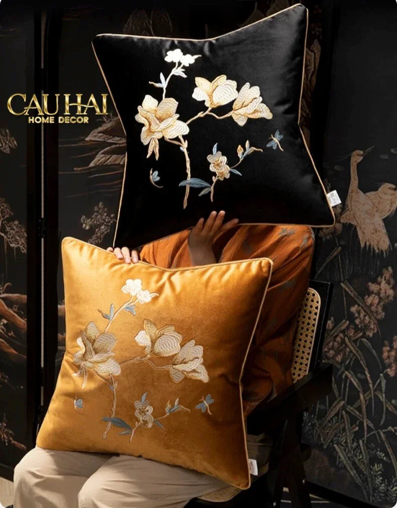 Vỏ Gối Nhung Thêu Mộc Lan Hoa 45x45-CẬU HAI HOME DECOR