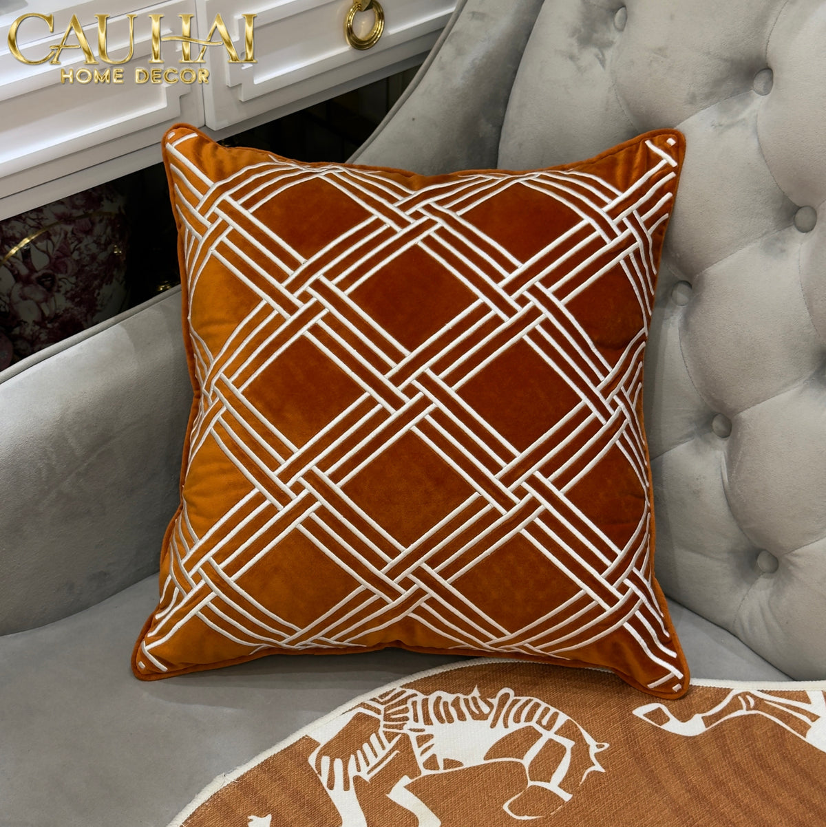 Vỏ Gối Nhung Treillage Sienna 45x45-Gối Trang Trí-CẬU HAI HOME DECOR-CẬU HAI HOME DECOR