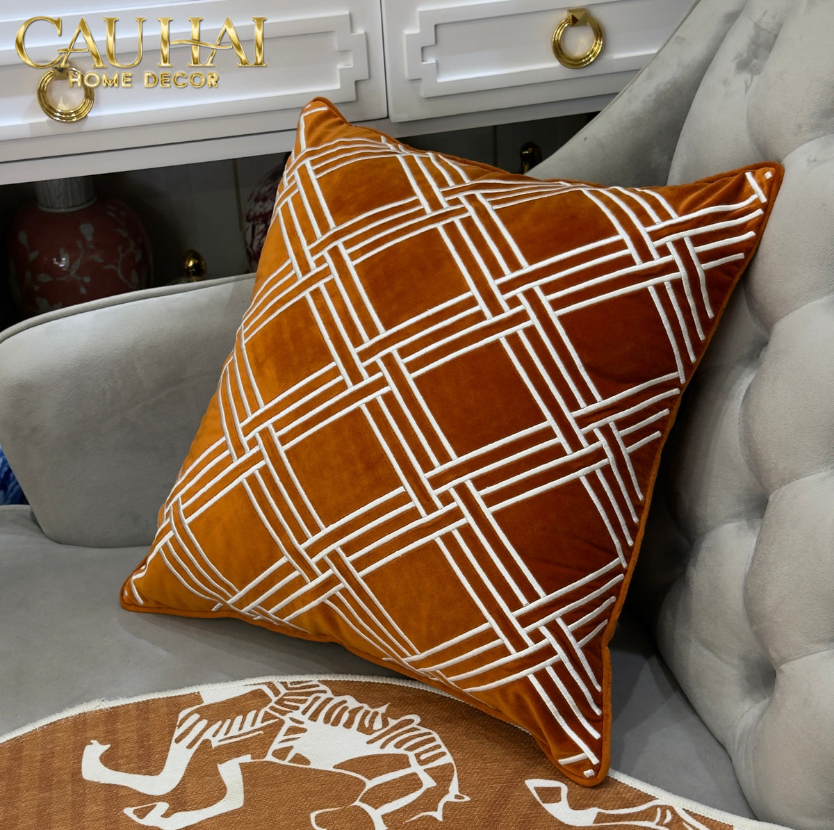 Vỏ Gối Nhung Treillage Sienna 45x45-Gối Trang Trí-CẬU HAI HOME DECOR-CẬU HAI HOME DECOR