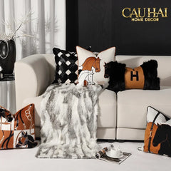 Vỏ Gối Nhung Triptyque Équestre Moderne - Cognac Brun 45-CẬU HAI HOME DECOR