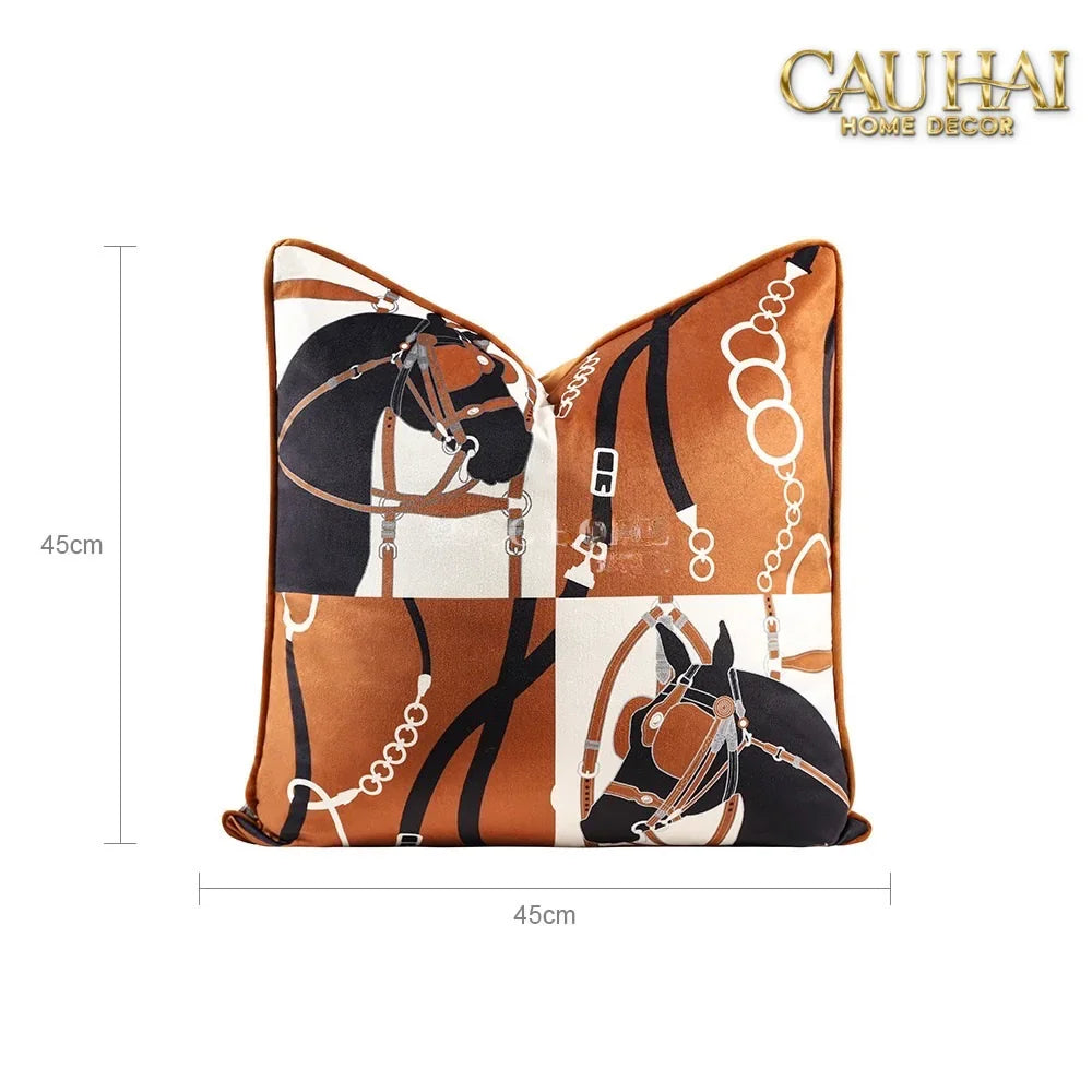 Vỏ Gối Nhung Triptyque Équestre Moderne - Cognac Brun 45-VỎ GỐI-Đối tác tại Trung Quốc theo từng đơn đặt hàng-CẬU HAI HOME DECOR