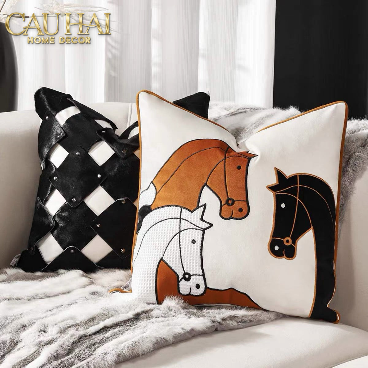 Vỏ Gối Nhung Triptyque Équestre Moderne Embroidered Belt 45-VỎ GỐI SOFA-CẬU HAI HOME DECOR-CẬU HAI HOME DECOR