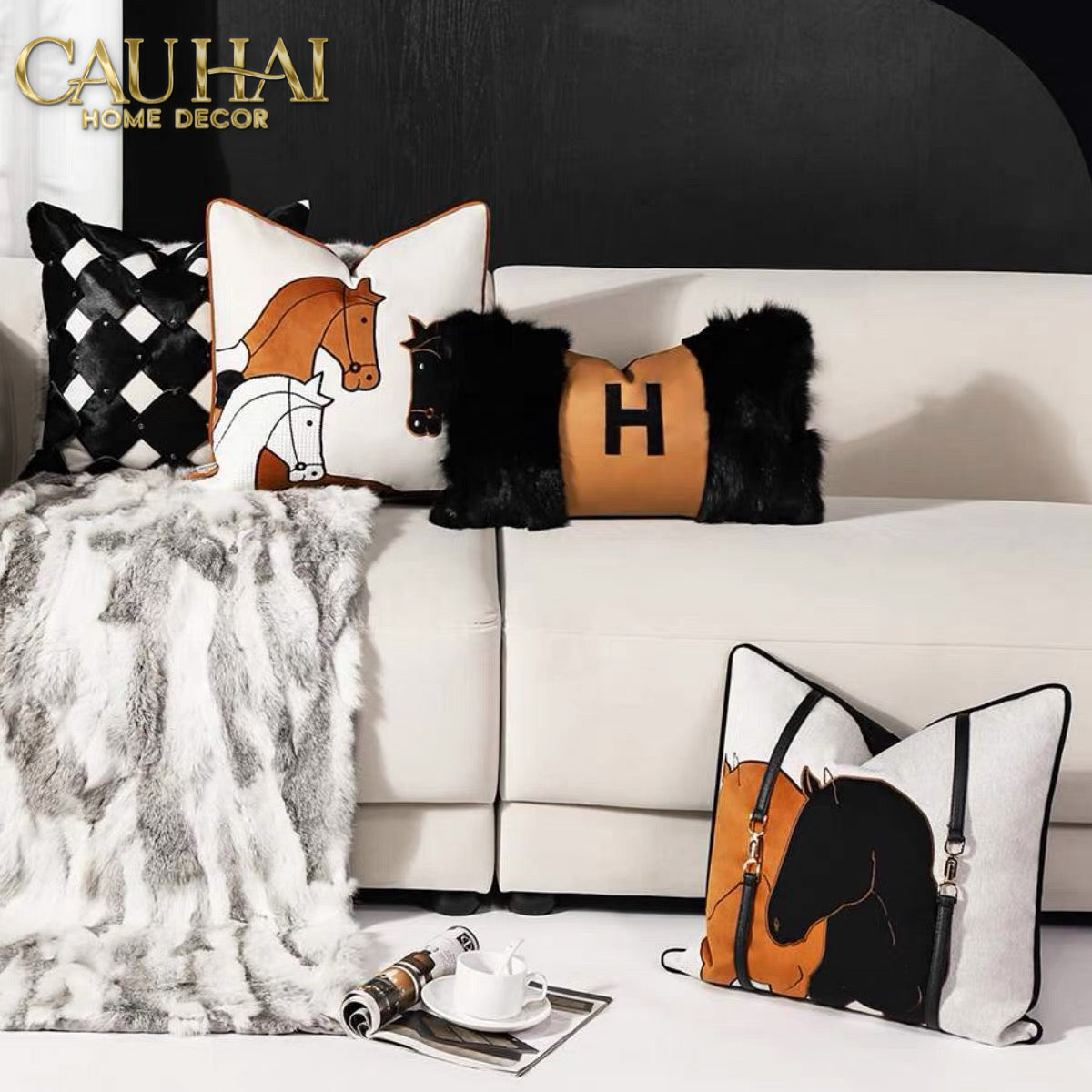 Vỏ Gối Nhung Triptyque Équestre Moderne Embroidered Belt 45-VỎ GỐI SOFA-CẬU HAI HOME DECOR-CẬU HAI HOME DECOR