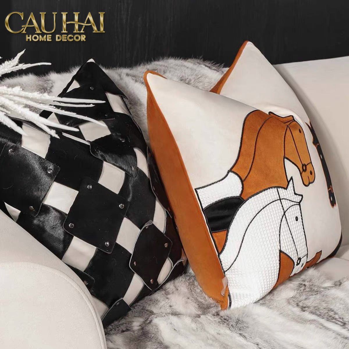 Vỏ Gối Nhung Triptyque Équestre Moderne Embroidered Belt 45-VỎ GỐI SOFA-CẬU HAI HOME DECOR-CẬU HAI HOME DECOR