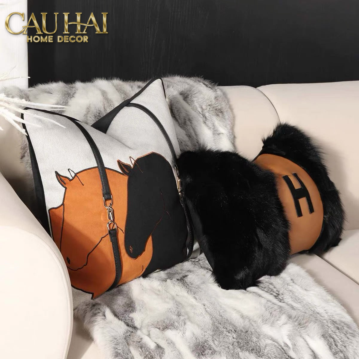 Vỏ Gối Nhung Triptyque Équestre Moderne Embroidered Belt 45-VỎ GỐI SOFA-CẬU HAI HOME DECOR-CẬU HAI HOME DECOR