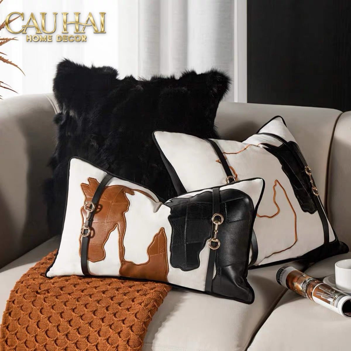 Vỏ Gối Nhung Triptyque Équestre Moderne Embroidered Belt 45-VỎ GỐI SOFA-CẬU HAI HOME DECOR-CẬU HAI HOME DECOR