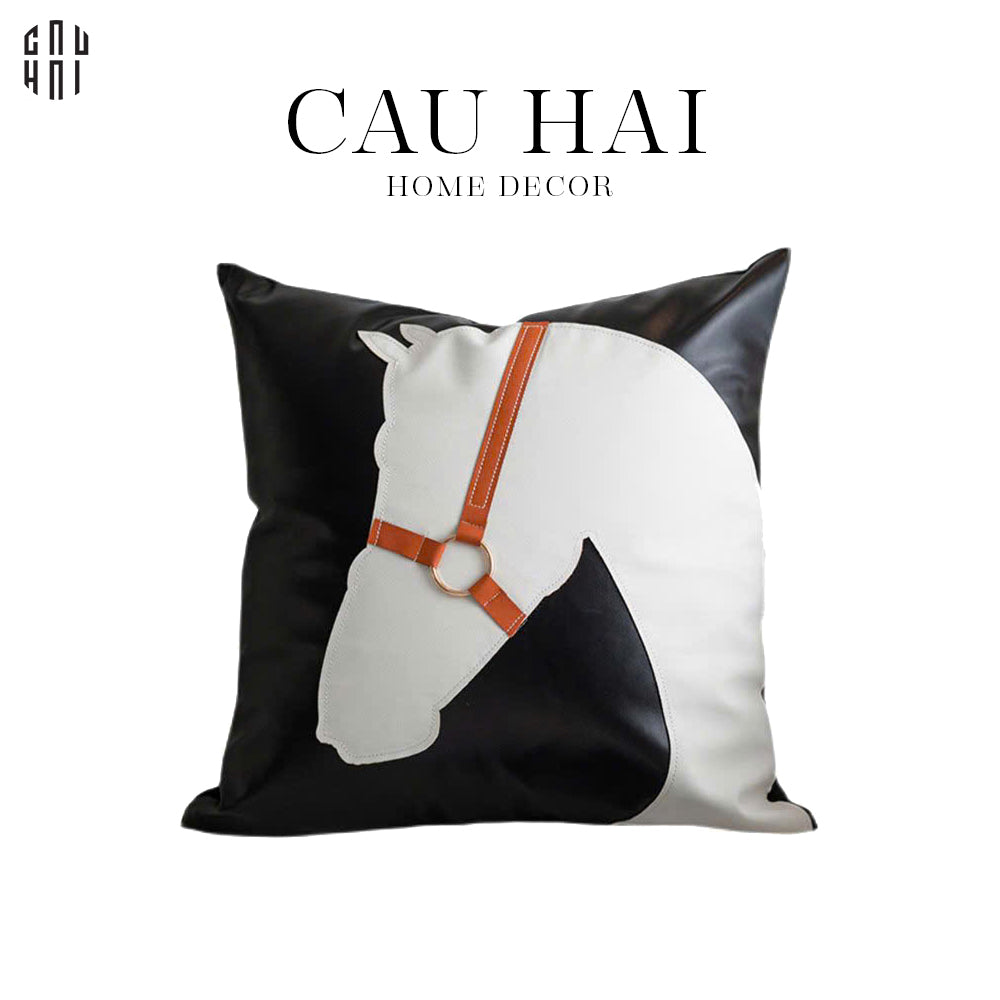 VỎ GỐI DA ÉQUESTRE BLANC SUR NOIR 40 UP-CẬU HAI HOME DECOR