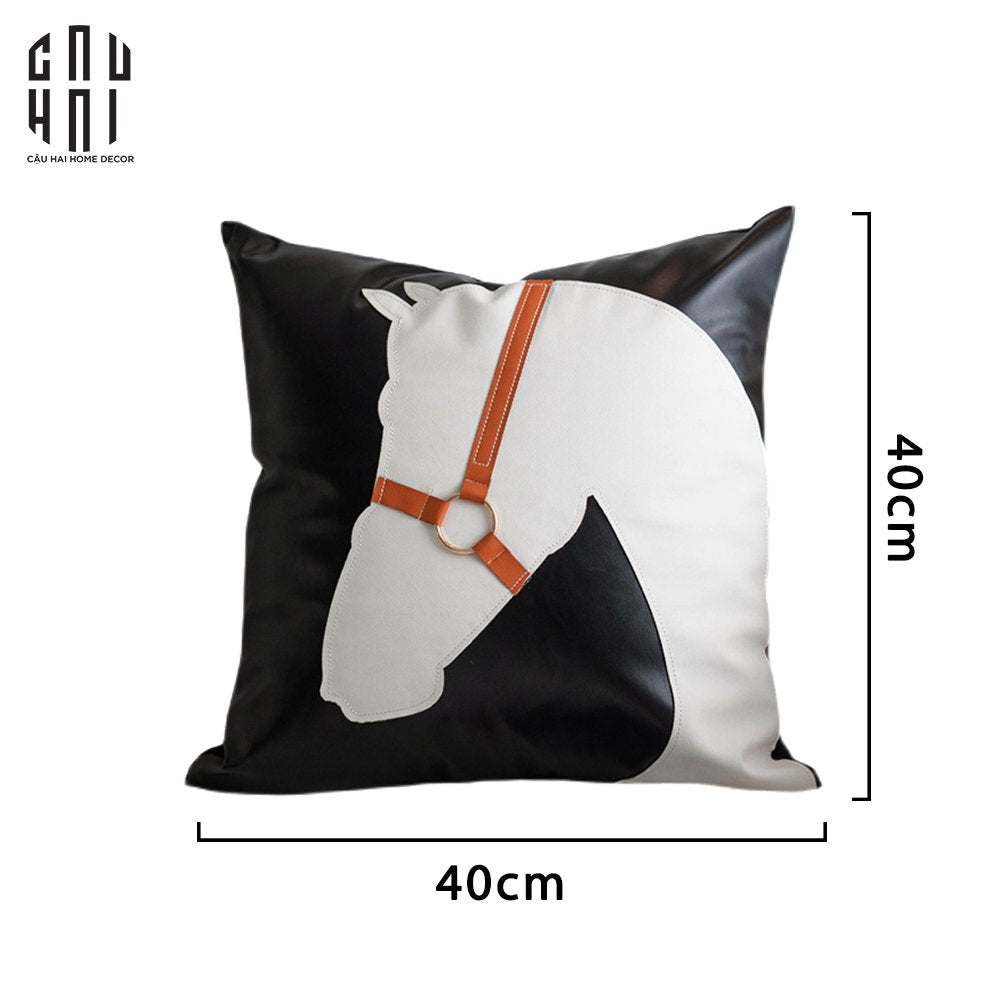 VỎ GỐI DA ÉQUESTRE BLANC SUR NOIR 40 UP-CẬU HAI HOME DECOR