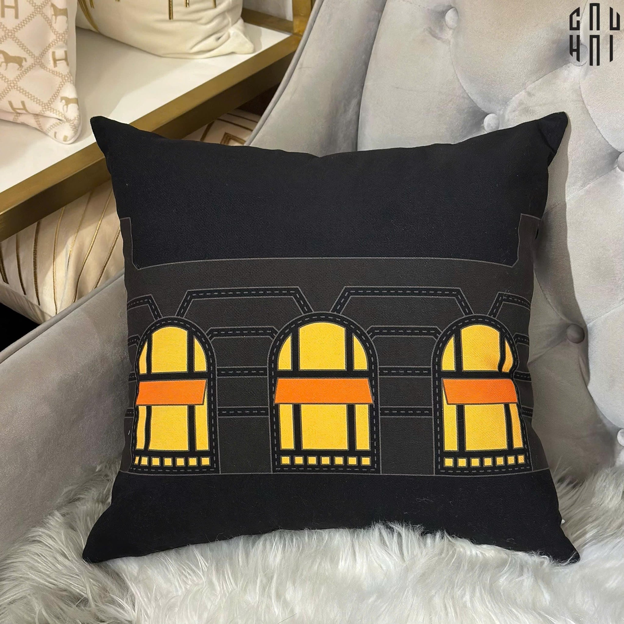 VỎ GỐI CANVAS FAUBOURG MULTI DOORS - NOIR JAUNE 45.-CẬU HAI HOME DECOR