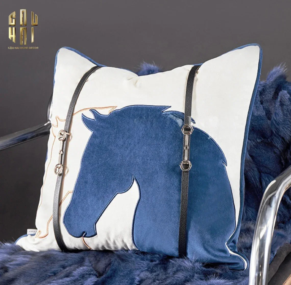 VỎ GỐI SOFA NHUNG ÉQUESTRE BLEU BELT 45-CẬU HAI HOME DECOR
