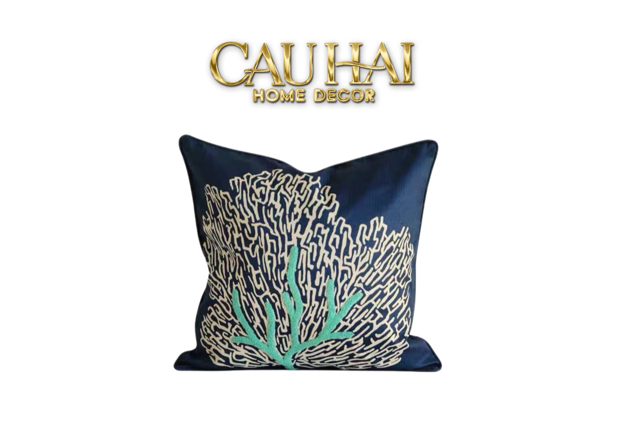 VỎ GỐI THÊU SAN HÔ - CORAL EMBROIDERY NAVY 45 - CẬU HAI HOME DECOR