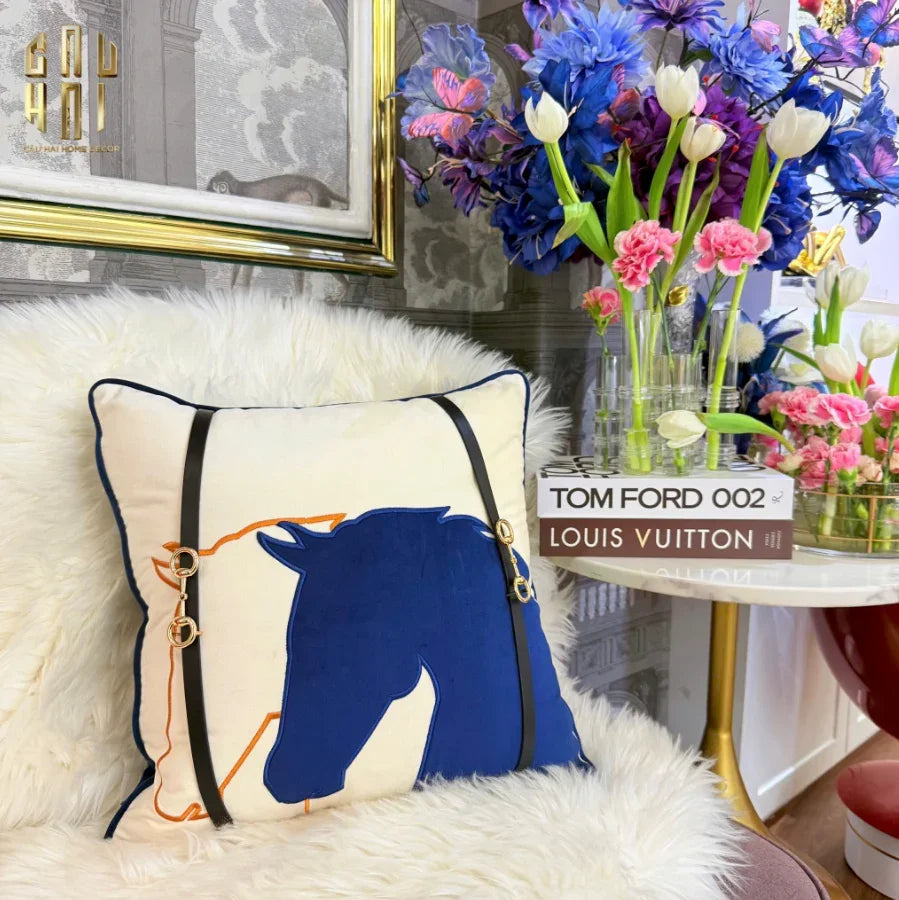 Vỏ Gối Velour Ivoire Perlé Royale Équestre Bleu Harness 45-CẬU HAI HOME DECOR